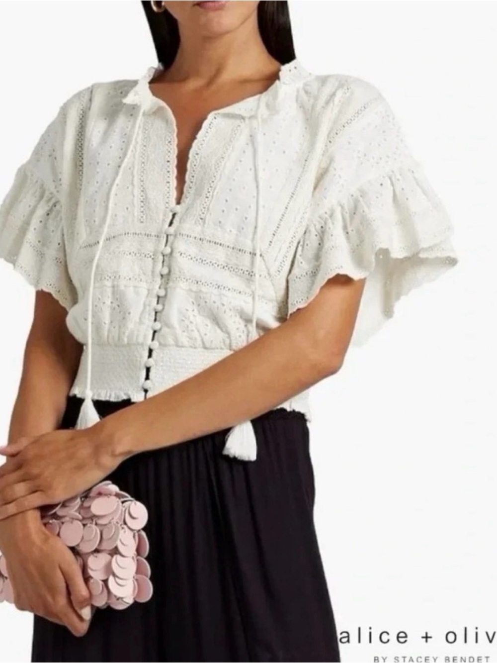 Alice + Olivia White Eyelet Button-Front Tie Waist Top